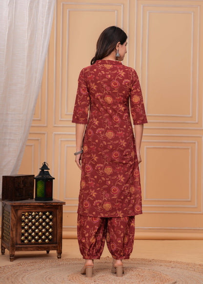 Maroon Printed Straight Kurta Set With Dupatta for Women | LASVINI - Redefining Indian Fashion with Elegance