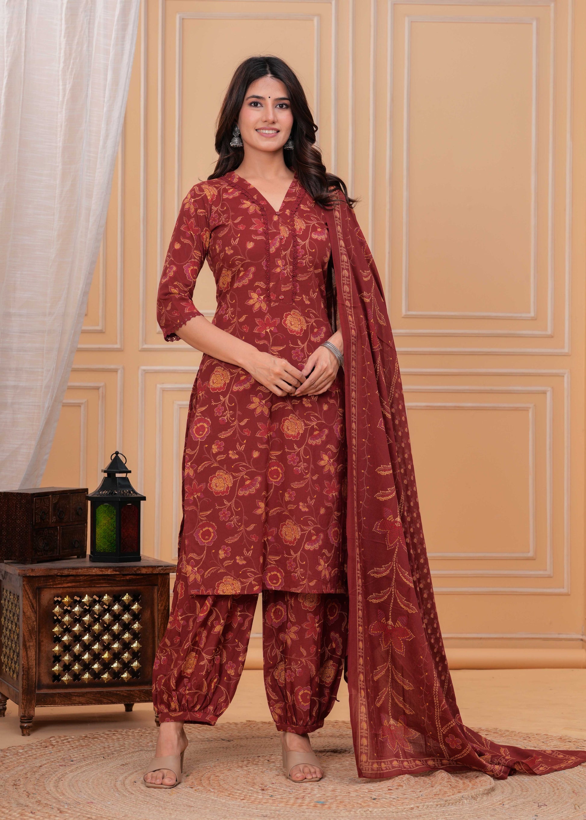 Maroon Printed Straight Kurta Set With Dupatta for Women | LASVINI - Redefining Indian Fashion with Elegance