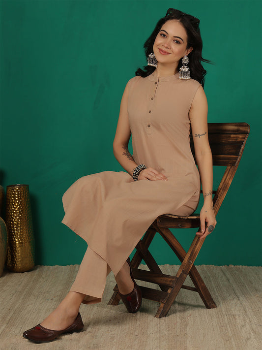 Beige Solid Kurta Set for Women | LASVINI - Redefining Indian Fashion with Elegance