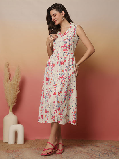 White Printed Notched Collar Dress for Women | LASVINI - Redefining Indian Fashion with Elegance