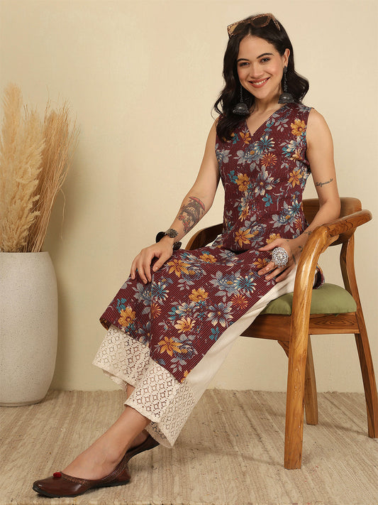 Burgundy Printed Kurta for Women | LASVINI - Redefining Indian Fashion with Elegance