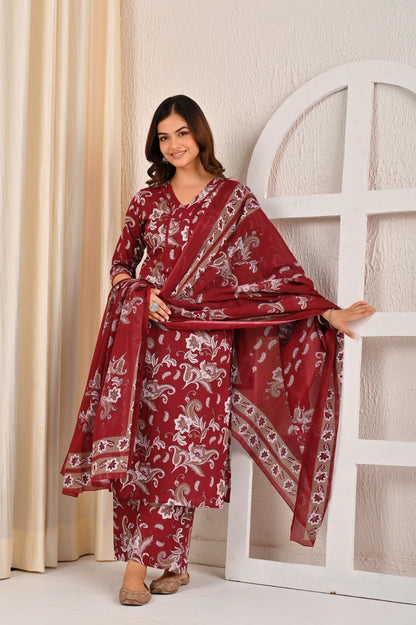 Burgundy Printed Straight Kurta Set With Dupatta for Women | LASVINI - Redefining Indian Fashion with Elegance