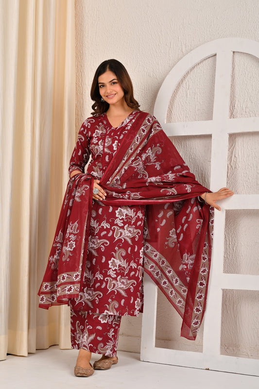 Burgundy Printed Straight Kurta Set With Dupatta for Women | LASVINI - Redefining Indian Fashion with Elegance