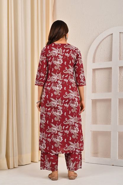 Burgundy Printed Straight Kurta Set With Dupatta for Women | LASVINI - Redefining Indian Fashion with Elegance