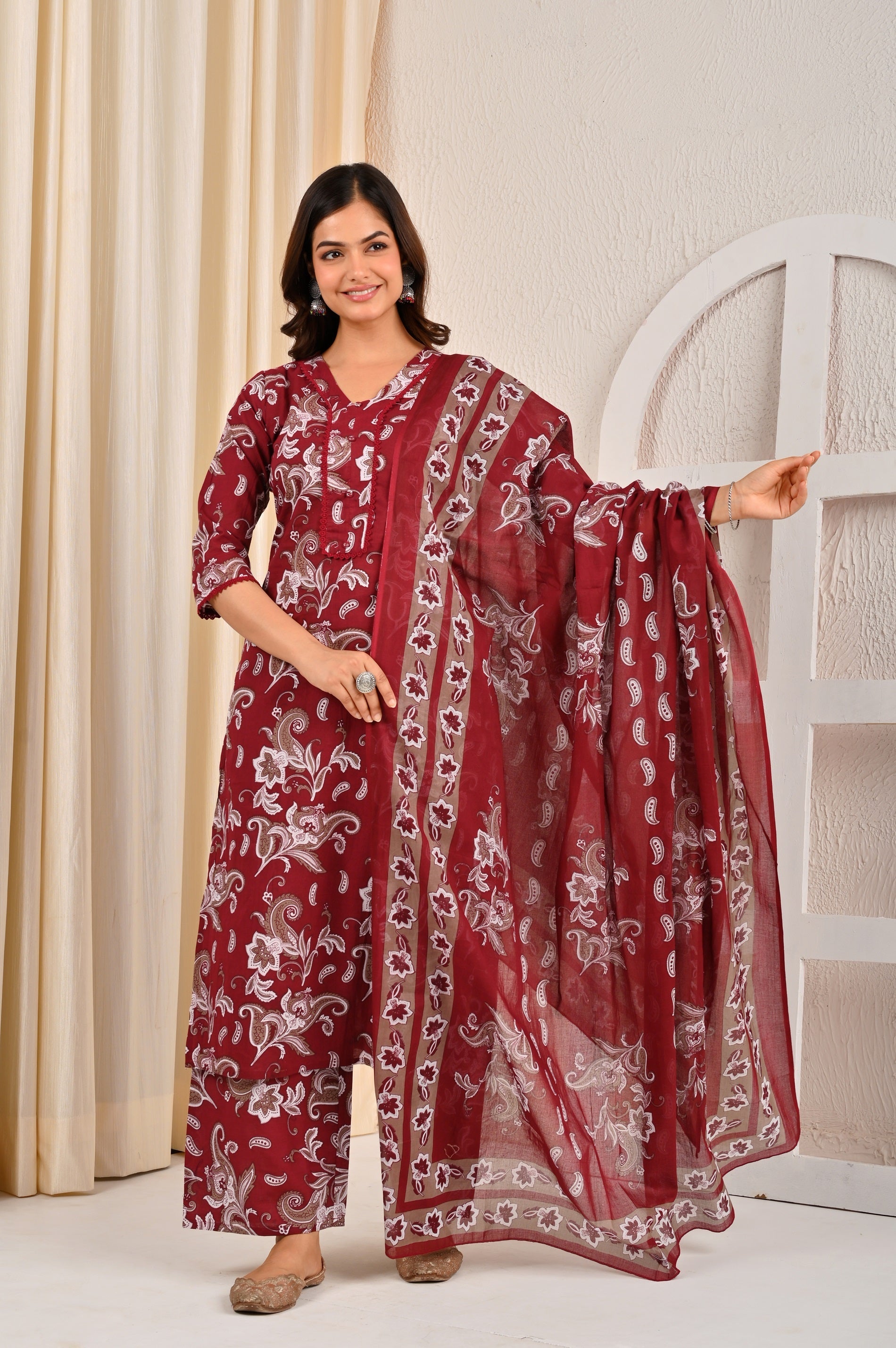 Burgundy Printed Straight Kurta Set With Dupatta for Women | LASVINI - Redefining Indian Fashion with Elegance