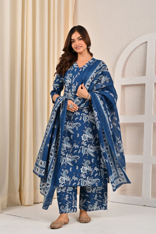 Blue Printed Straight Kurta Set With Dupatta for Women | LASVINI - Redefining Indian Fashion with Elegance