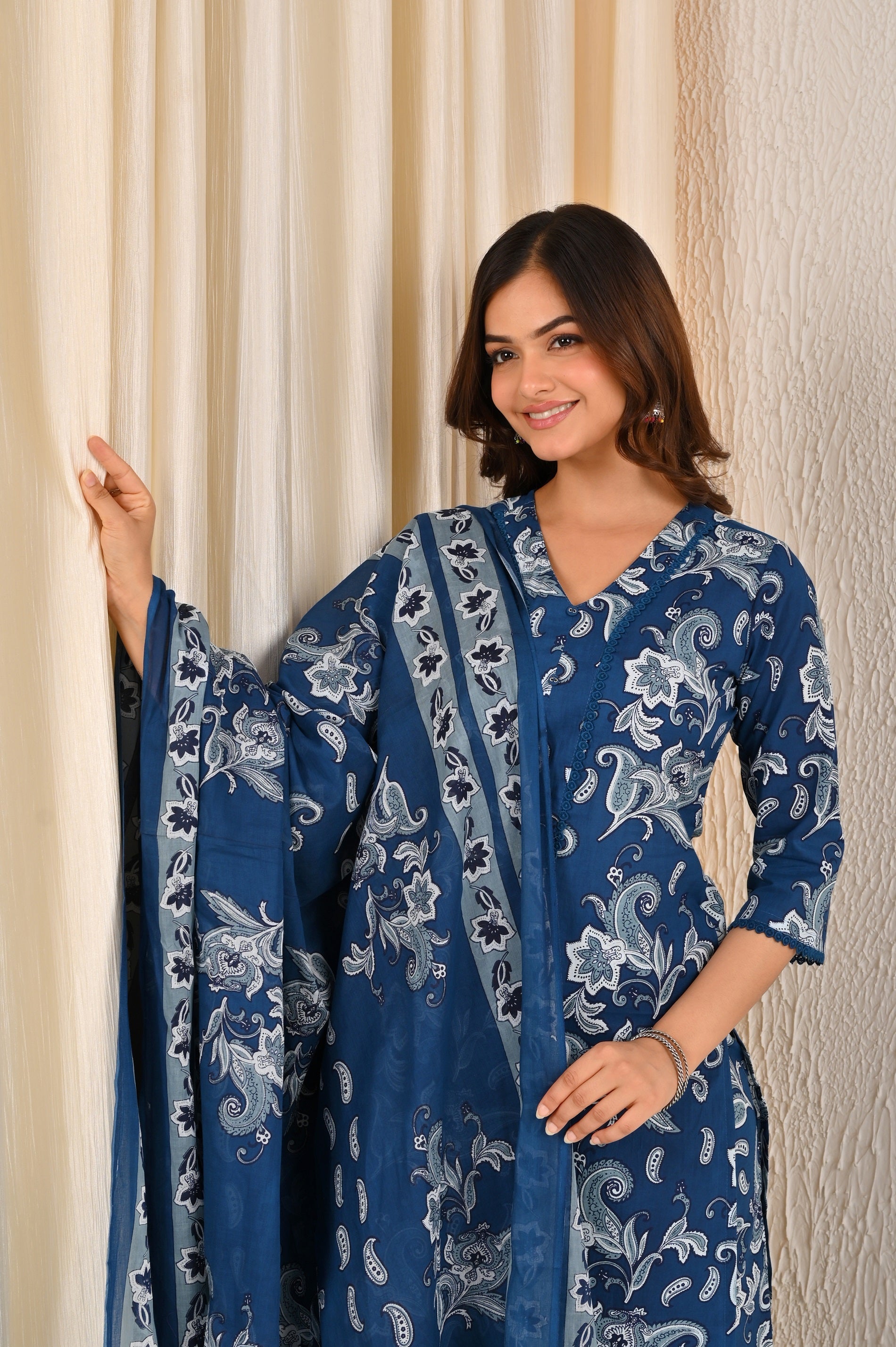 Blue Printed Straight Kurta Set With Dupatta for Women | LASVINI - Redefining Indian Fashion with Elegance