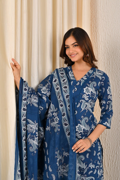 Blue Printed Straight Kurta Set With Dupatta for Women | LASVINI - Redefining Indian Fashion with Elegance