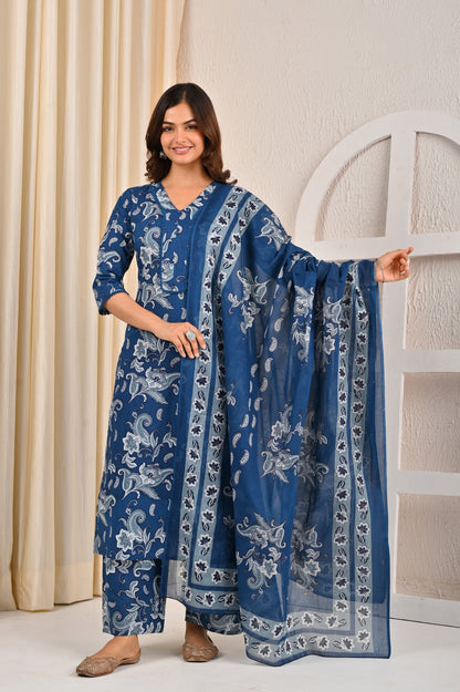 Blue Printed Straight Kurta Set With Dupatta for Women | LASVINI - Redefining Indian Fashion with Elegance