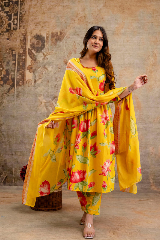 Yellow Floral Printed Kurta Set With Dupatta for Women | LASVINI - Redefining Indian Fashion with Elegance