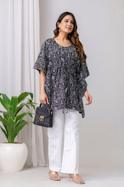 Black Printed Kaftan Kurta for Women | LASVINI - Redefining Indian Fashion with Elegance
