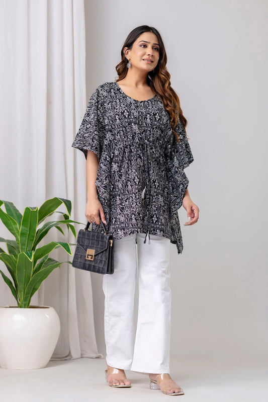 Black Printed Kaftan Kurta for Women | LASVINI - Redefining Indian Fashion with Elegance
