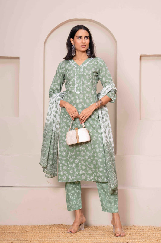 Green Printed Straight Kurta Set With Dupatta for Women | LASVINI - Redefining Indian Fashion with Elegance