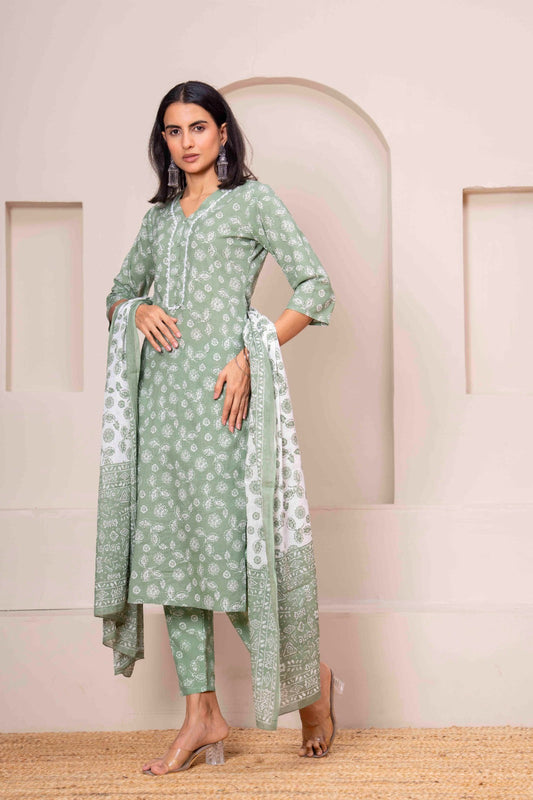 Green Printed Straight Kurta Set With Dupatta for Women | LASVINI - Redefining Indian Fashion with Elegance