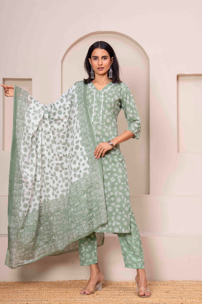 Green Printed Straight Kurta Set With Dupatta for Women | LASVINI - Redefining Indian Fashion with Elegance