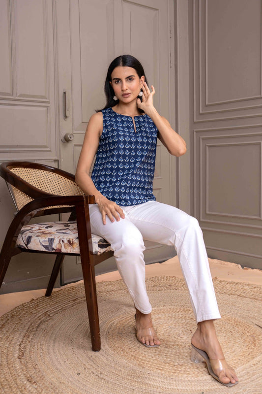 Women Navy Blue Printed Straight Top | LASVINI - Redefining Indian Fashion with Elegance