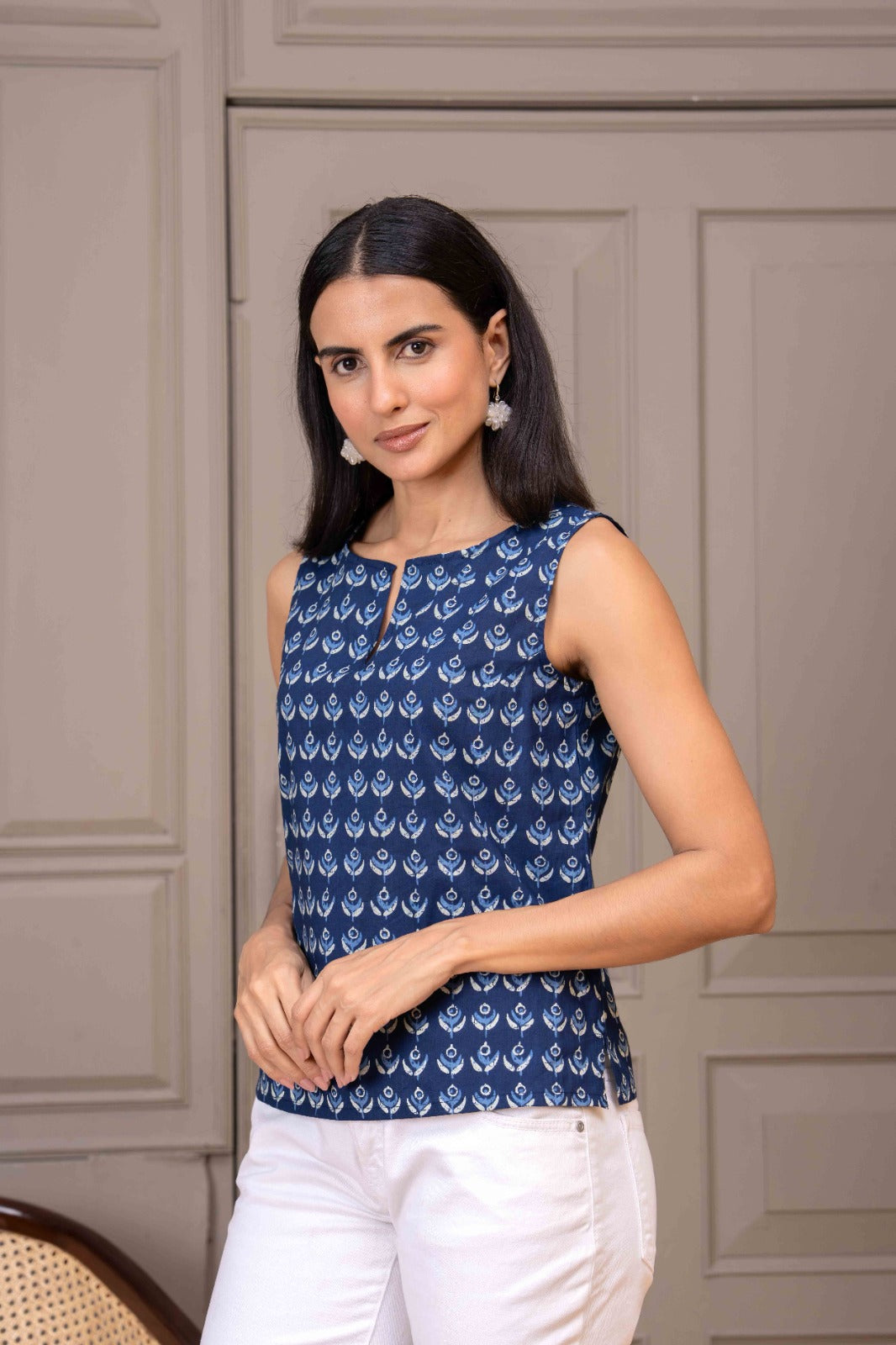 Women Navy Blue Printed Straight Top | LASVINI - Redefining Indian Fashion with Elegance