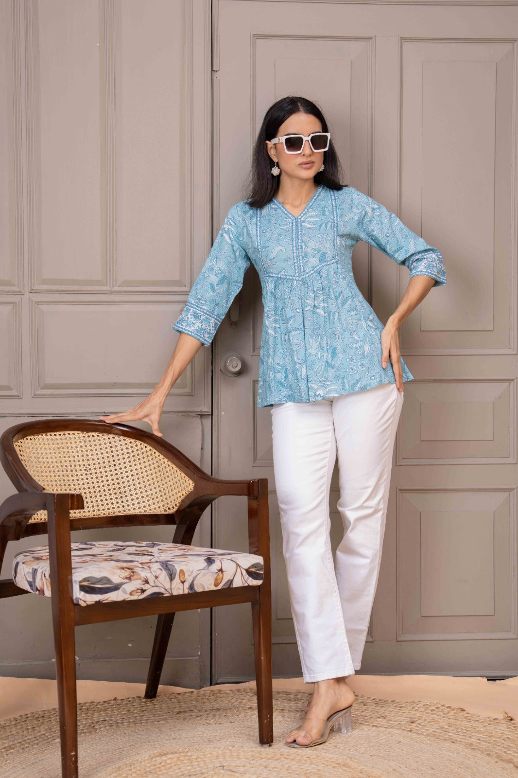 Sky Blue Printed Top For Women | LASVINI - Redefining Indian Fashion with Elegance