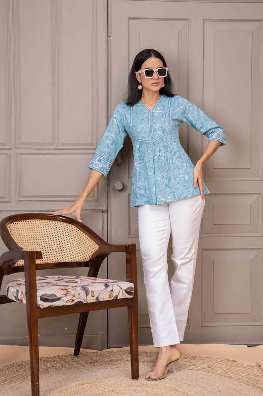 Sky Blue Printed Top For Women | LASVINI - Redefining Indian Fashion with Elegance