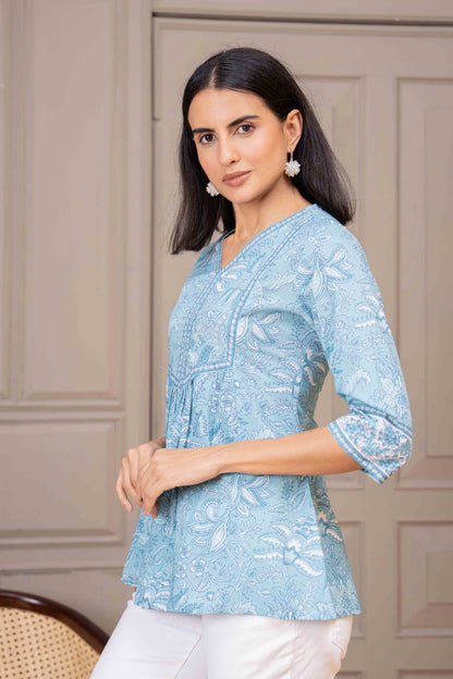 Sky Blue Printed Top For Women | LASVINI - Redefining Indian Fashion with Elegance