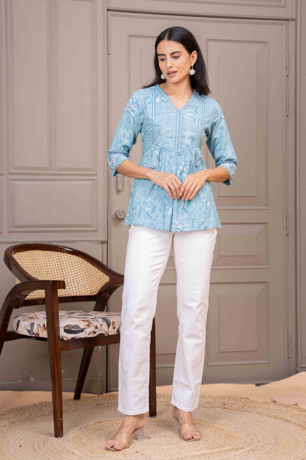 Sky Blue Printed Top For Women | LASVINI - Redefining Indian Fashion with Elegance