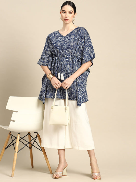 Blue Printed Kaftan Kurta for Women | LASVINI - Redefining Indian Fashion with Elegance
