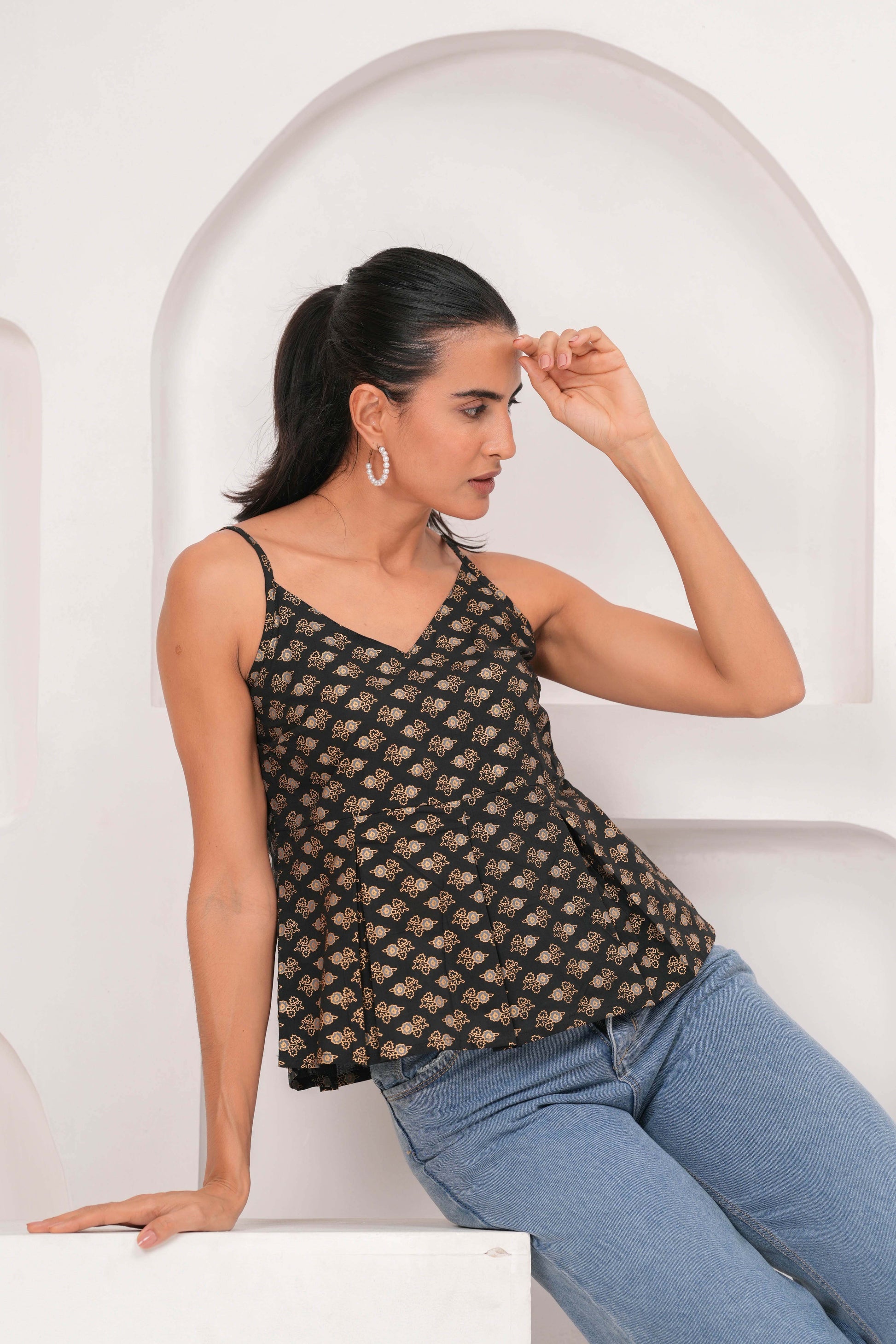 Black Printed Sleeveless Top for Women | LASVINI - Redefining Indian Fashion with Elegance