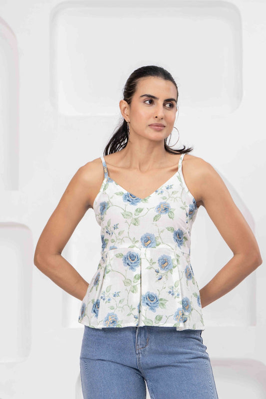 White Printed Sleeveless Top for Women | LASVINI - Redefining Indian Fashion with Elegance