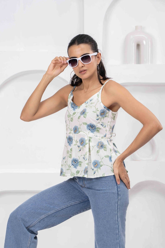 White Printed Sleeveless Top for Women | LASVINI - Redefining Indian Fashion with Elegance
