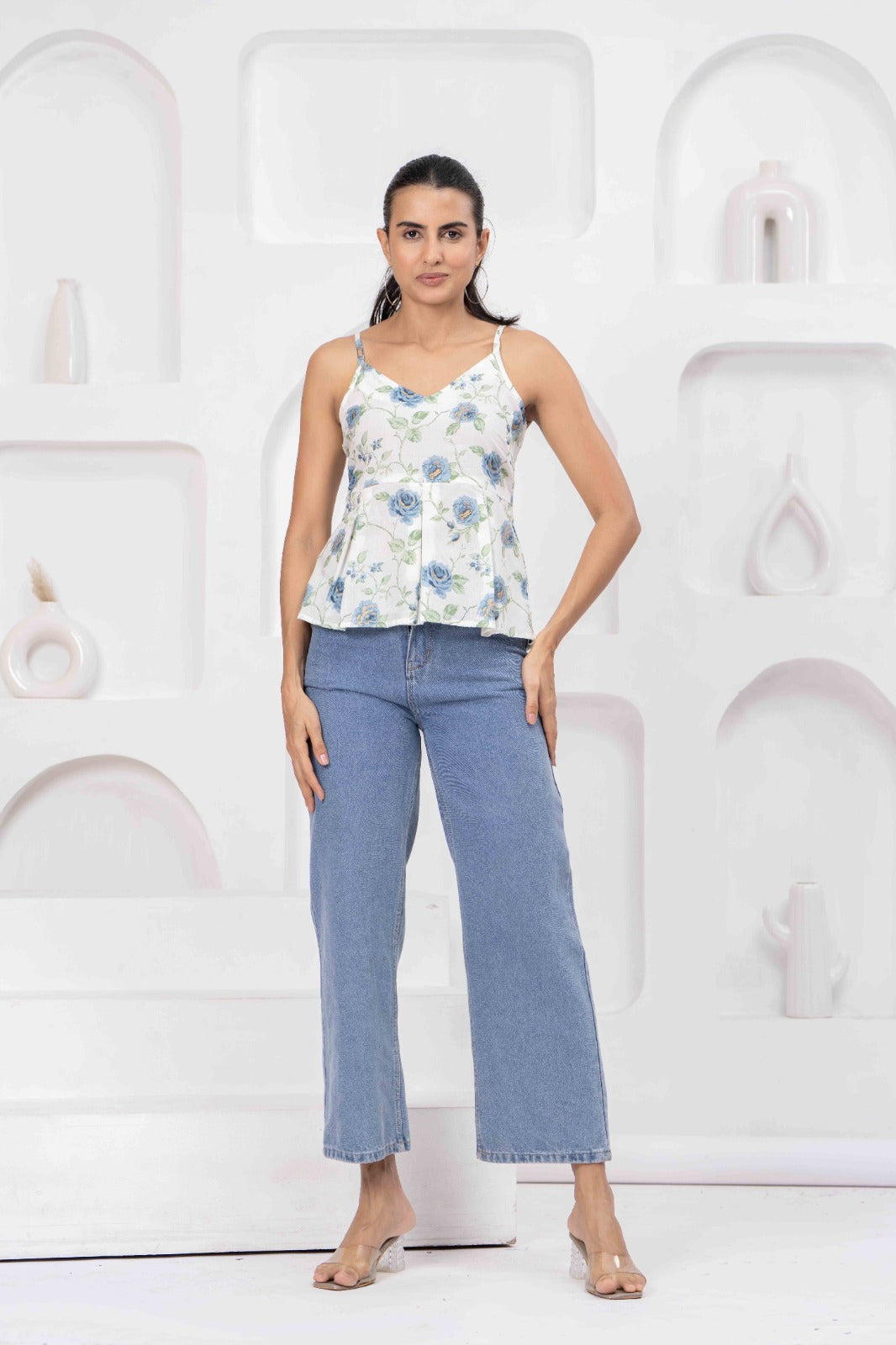 White Printed Sleeveless Top for Women | LASVINI - Redefining Indian Fashion with Elegance