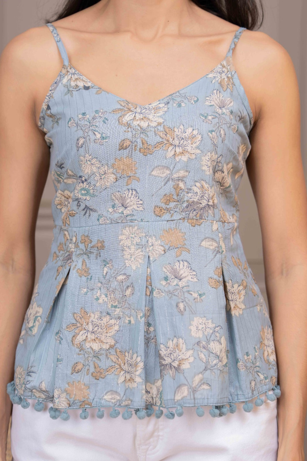 Blue Printed Sleeveless Top for Women | LASVINI - Redefining Indian Fashion with Elegance
