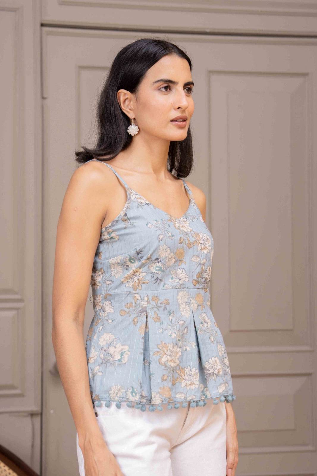 Blue Printed Sleeveless Top for Women | LASVINI - Redefining Indian Fashion with Elegance