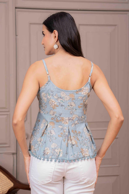 Blue Printed Sleeveless Top for Women | LASVINI - Redefining Indian Fashion with Elegance