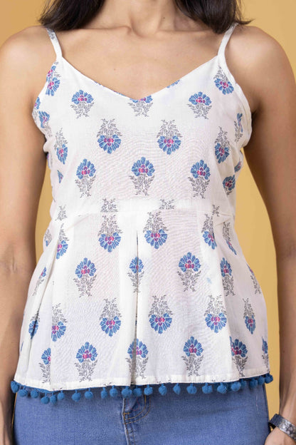 White Blue Printed Sleeveless Top for Women | LASVINI - Redefining Indian Fashion with Elegance