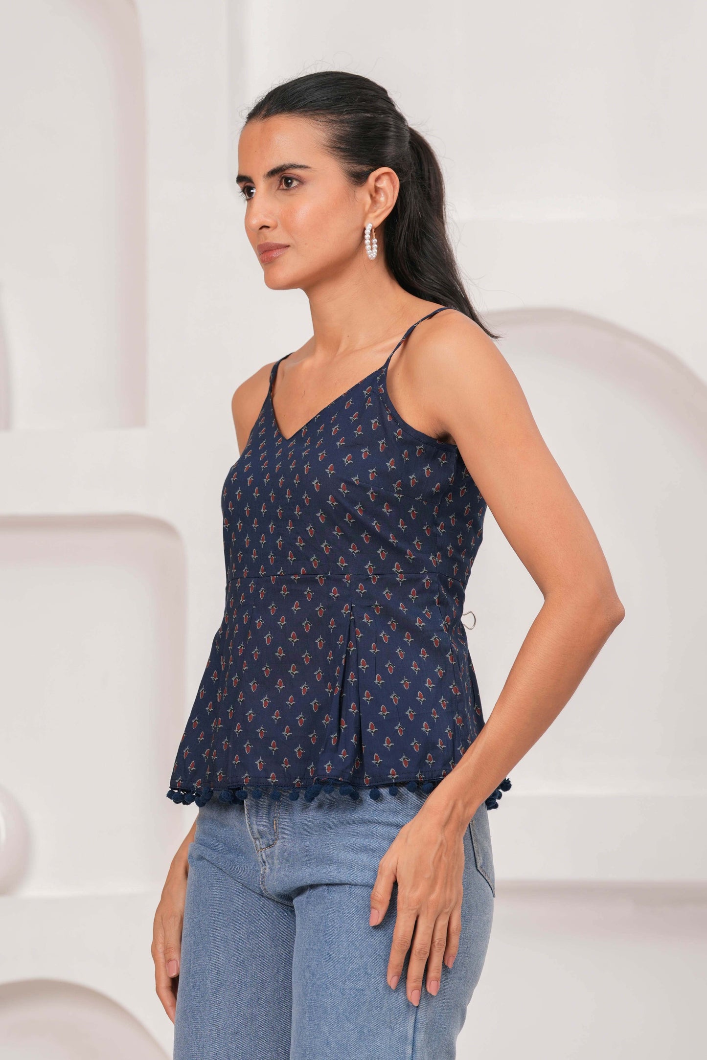 Navy Blue Printed Sleeveless Top for Women | LASVINI - Redefining Indian Fashion with Elegance