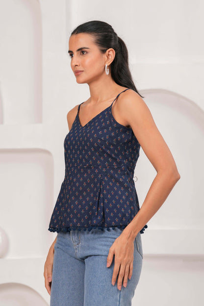 Navy Blue Printed Sleeveless Top for Women | LASVINI - Redefining Indian Fashion with Elegance