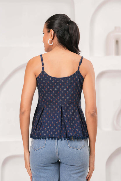 Navy Blue Printed Sleeveless Top for Women | LASVINI - Redefining Indian Fashion with Elegance
