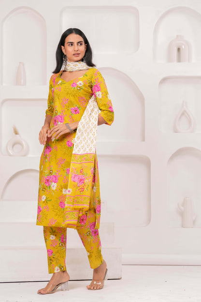 Yellow Printed Straight Kurta Set With Dupatta for Women | LASVINI - Redefining Indian Fashion with Elegance