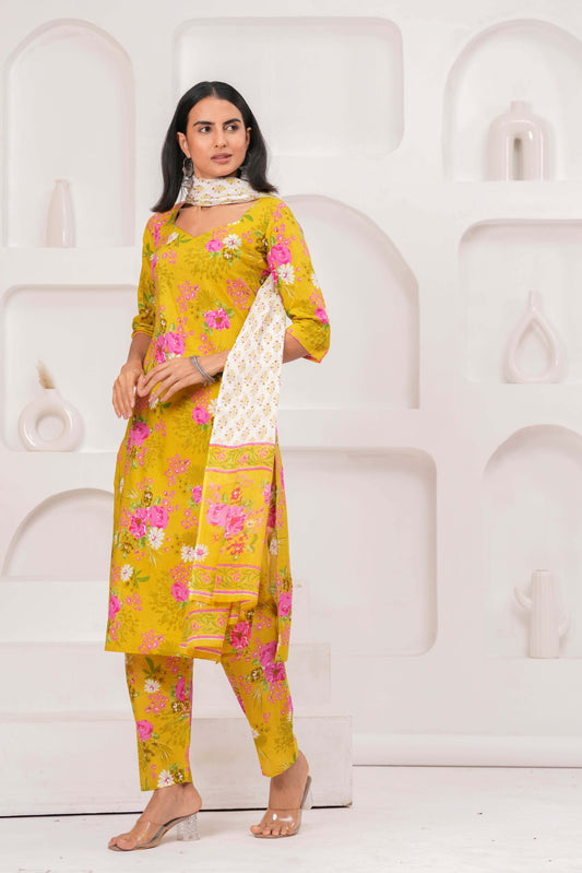 Yellow Printed Straight Kurta Set With Dupatta for Women | LASVINI - Redefining Indian Fashion with Elegance