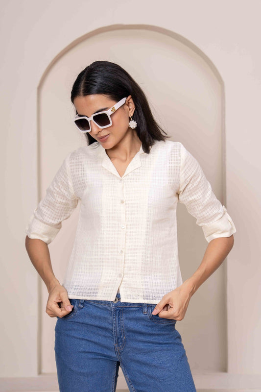Cream Printed Straight Crop Top | LASVINI - Redefining Indian Fashion with Elegance