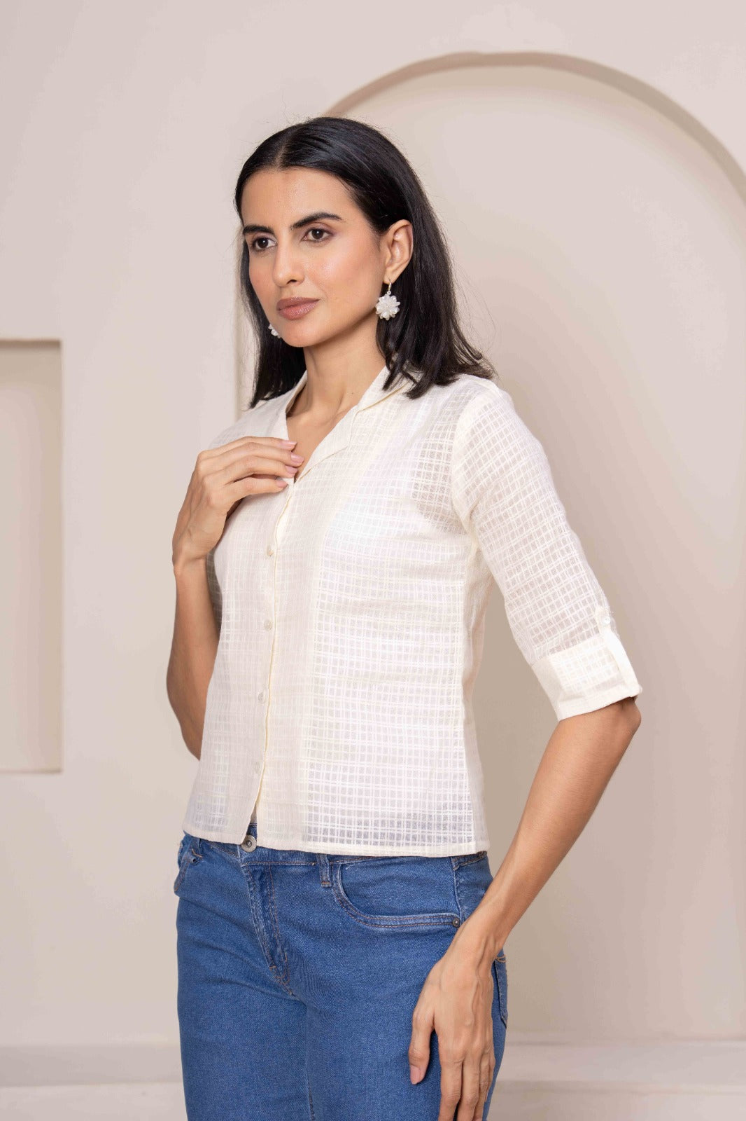 Cream Printed Straight Crop Top | LASVINI - Redefining Indian Fashion with Elegance