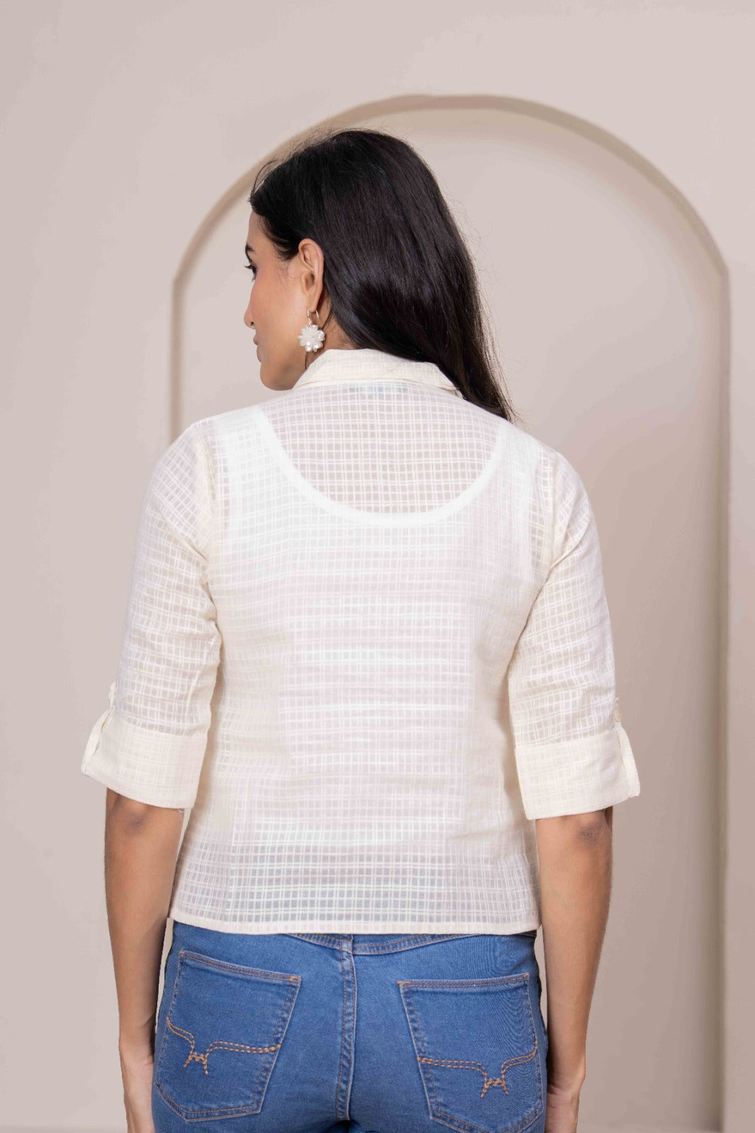Cream Printed Straight Crop Top | LASVINI - Redefining Indian Fashion with Elegance