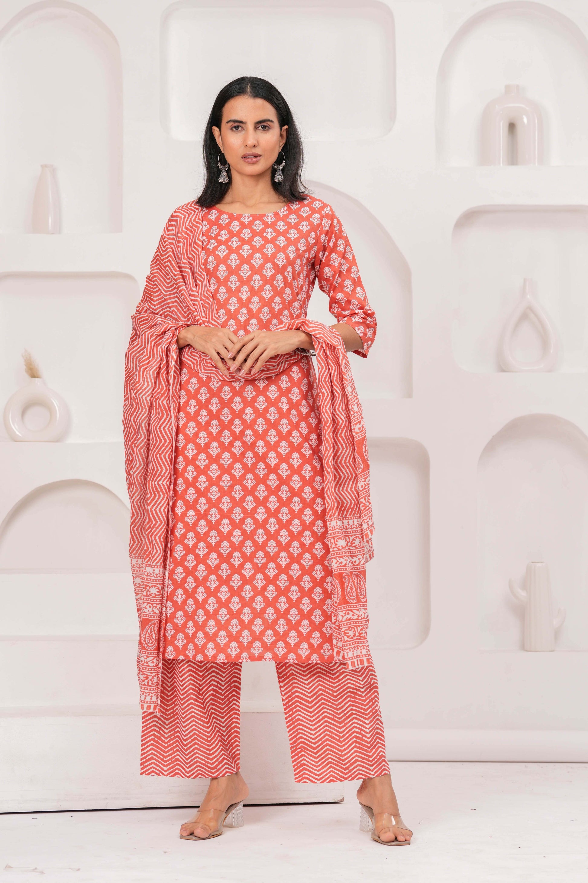 Rust Printed Straight Kurta Set With Dupatta for Women | LASVINI - Redefining Indian Fashion with Elegance