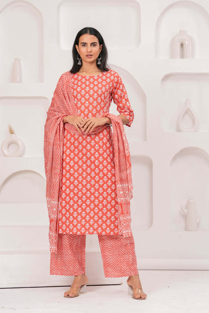 Rust Printed Straight Kurta Set With Dupatta for Women | LASVINI - Redefining Indian Fashion with Elegance