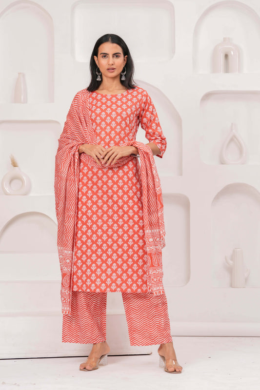 Rust Printed Straight Kurta Set With Dupatta for Women | LASVINI - Redefining Indian Fashion with Elegance