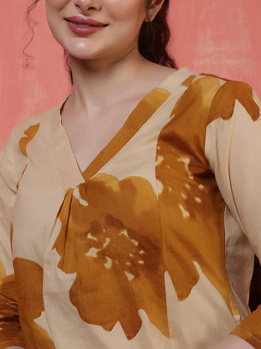 Beige Floral Printed Co-Ord Set for Women | LASVINI - Redefining Indian Fashion with Elegance