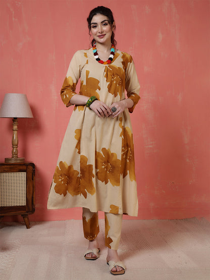 Beige Floral Printed Co-Ord Set for Women | LASVINI - Redefining Indian Fashion with Elegance