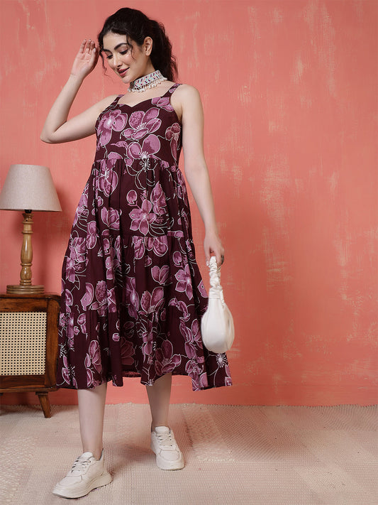 Burgundy Floral Printed Dress for Women | LASVINI - Redefining Indian Fashion with Elegance