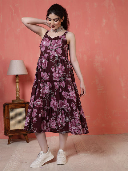 Burgundy Floral Printed Dress for Women | LASVINI - Redefining Indian Fashion with Elegance