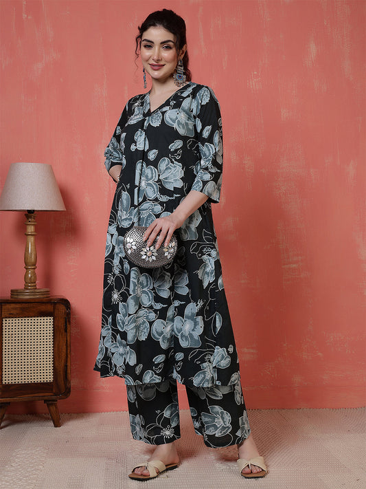 Black Floral Printed Co-Ord Set for Women | LASVINI - Redefining Indian Fashion with Elegance